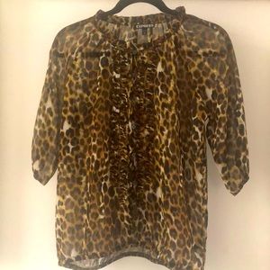 Leopard print semi sheer 3/4 sleeve blouse button down